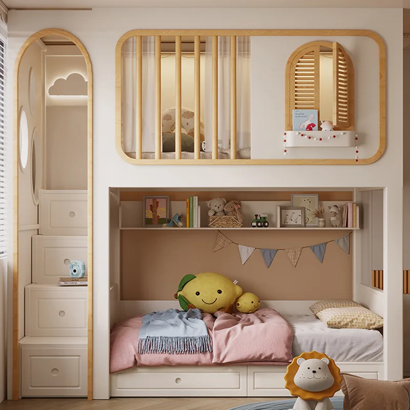 Customizable desk integrated wardrobe multi-functional bed under table empty cabinet combination high and low tree house bed