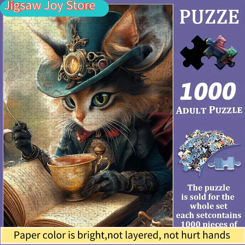 

Colorful Steampunk Cat Jigsaw Puzzle Family Interaction & Fun Gift, Vibrant Abstract Design, Victorian Gentleman Pattern Chal