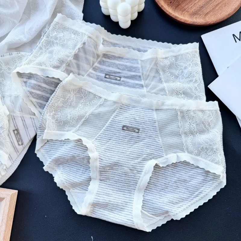 SP&CITY Gray Striped Cotton Seamless Underwear for Women Mid Waist Lace Mesh Sexy Panties Soft Breathable Student Daily Briefs