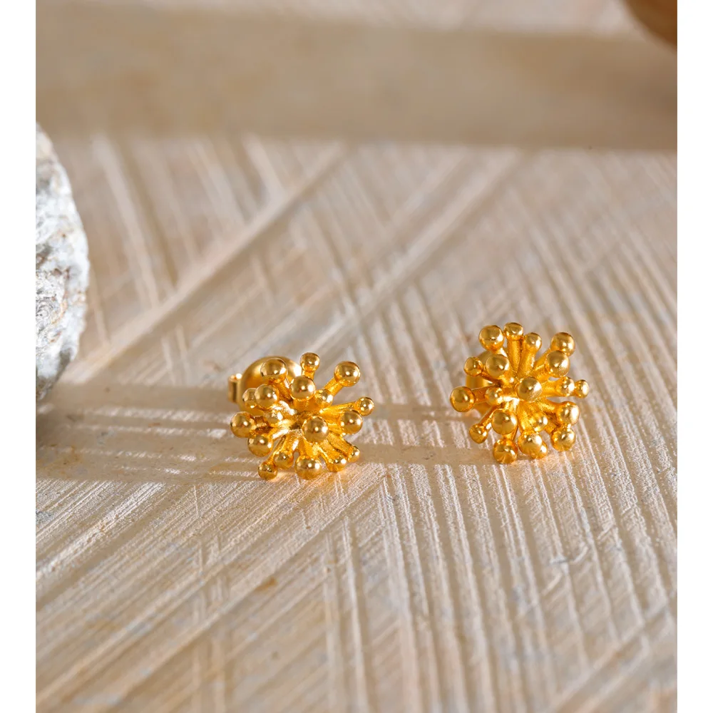 Yhpup Stainless Steel Metal Pistil Flower Stud Earrings Prevent Allergy Texture Plant Golden Daily Jewelry Wholesale