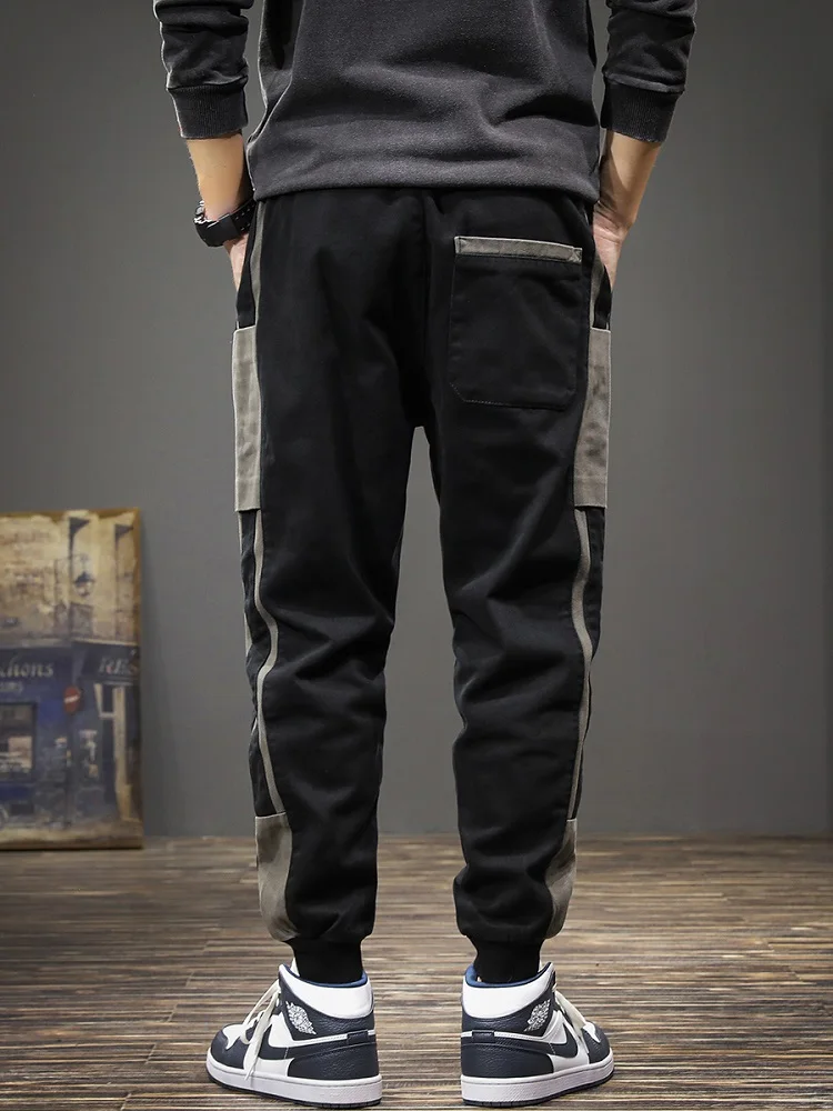 Autumn Fashion Side Stripe Sports Pants Men Black Baggy Casual Cotton Elastic Waist Drawstring Jogging Trousers