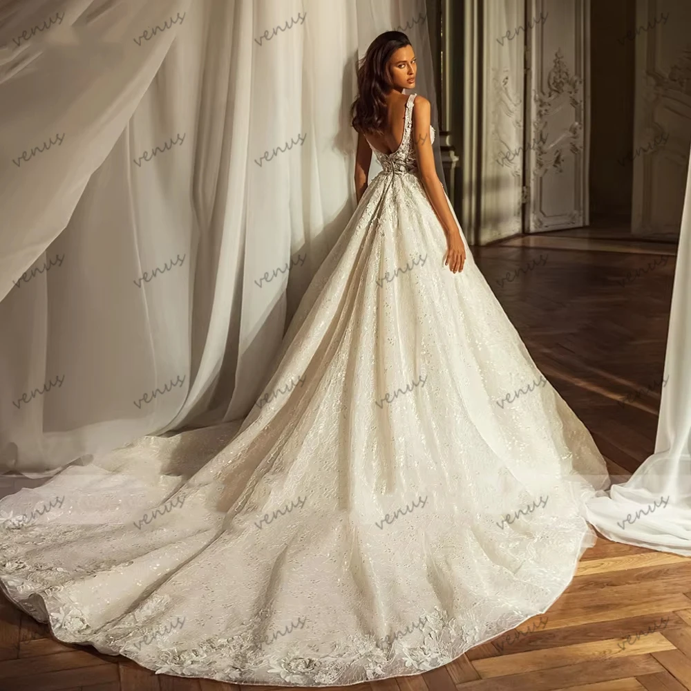 Glitter Wedding Dresses Luxury Bridal Gowns Beading Appliques Sleeveless Deep V Neck Robes Vestidos De Novia Customized 2026