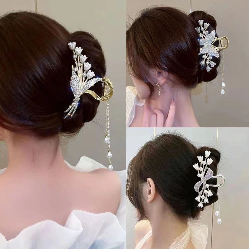 Strass pérola borla cabelo garras para mulheres, flor cabelo clip, gancho para rabo de cavalo acessórios elegantes de moda