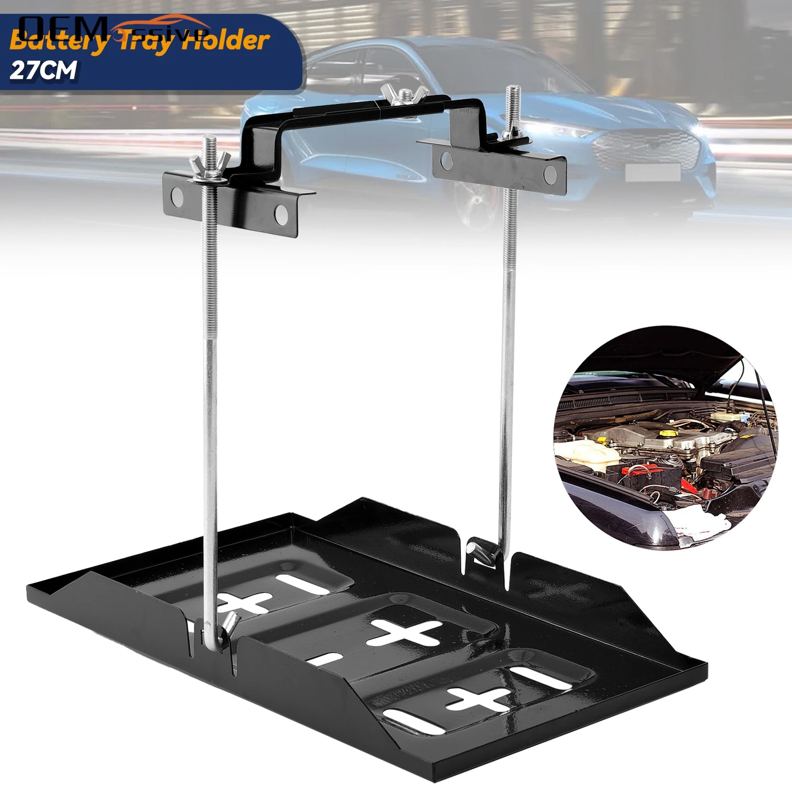 Universal Metal Car Storage Crossbar Battery Tray Adjustable Hold Down Clamp Kit Tool Battery Holder Mount Tray with J Hook 27cm