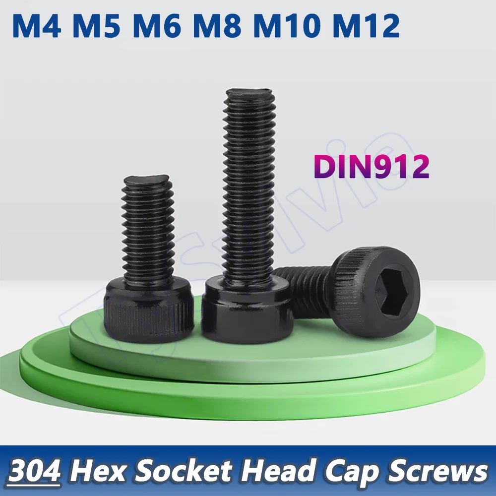 DIN912 Black 304 A2 Stainless Steel Hex Socket Head Cap Screws M4 M5 M6 M8 M10 M12 Allen Bolts,Length 8-60mm