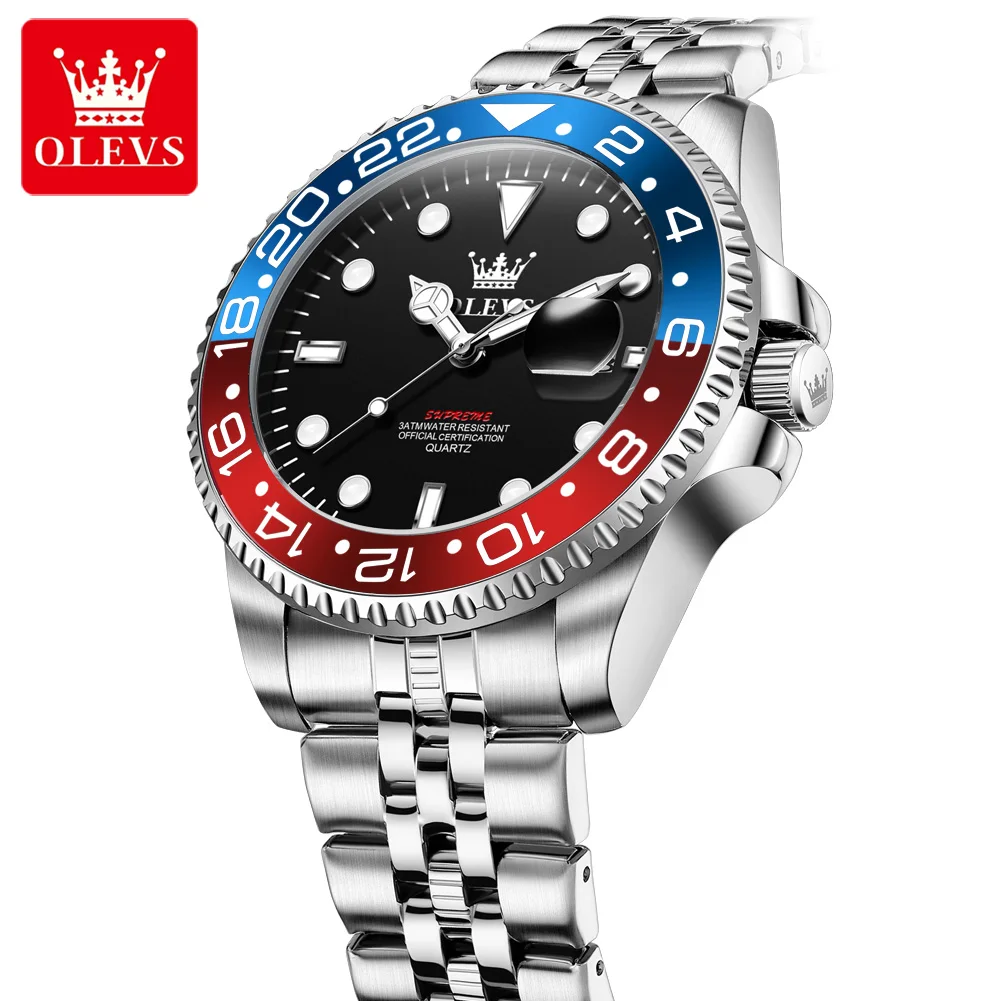 

OLEVS Роскошные кварцевые часы из нержавеющей стали, классические синие, красные круглые серии, увеличительное стекло, календарь, мужские часы Reloj Hombre