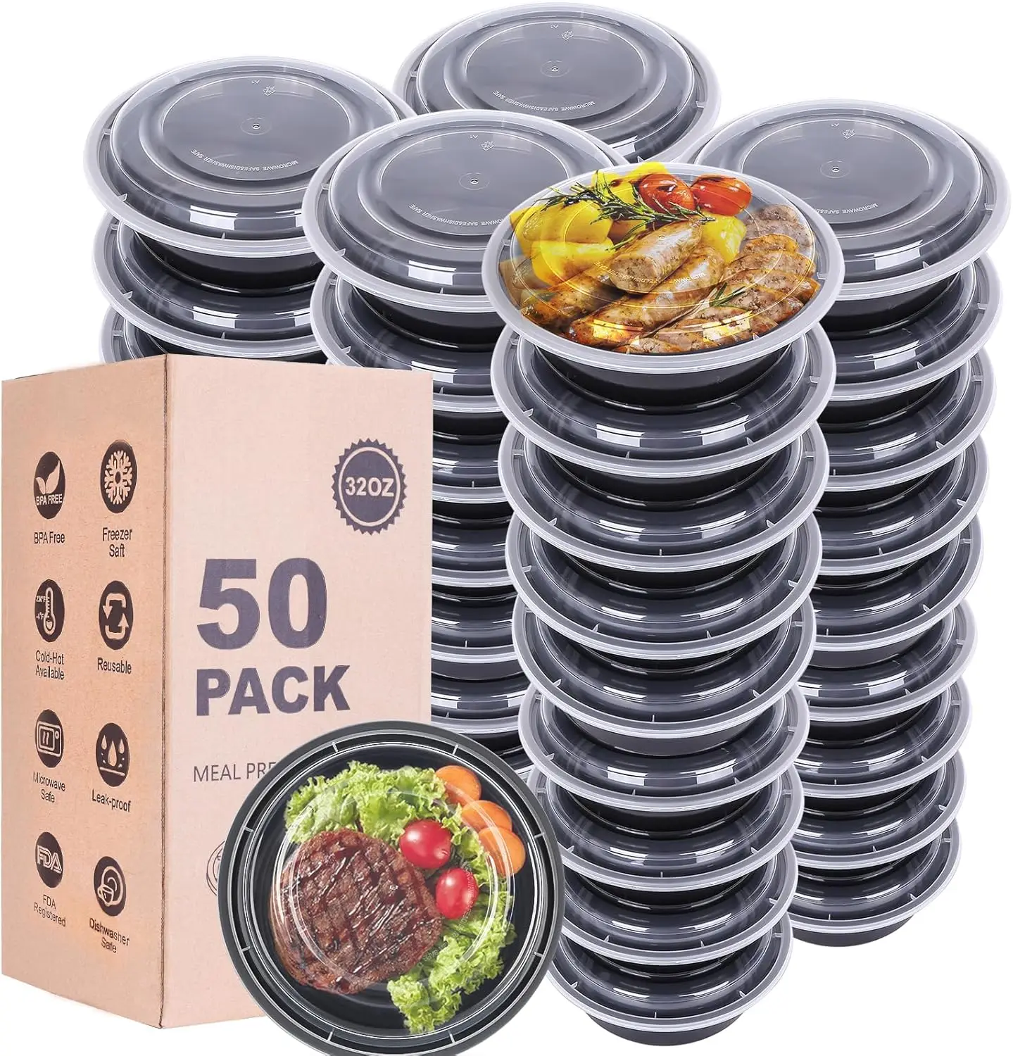 

Meal Prep Containers with Lids - 50Pack 32OZ Meal Bowls, Round To Go Containers, BPA-Free, Freezer & Dishwasher Safe