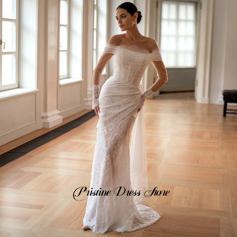 Romantic Lace Sheath Wedding Dress Tulle Off the Shoulder Court Train Zipper Back Customized Bridal Gowns Vestidos De Novia