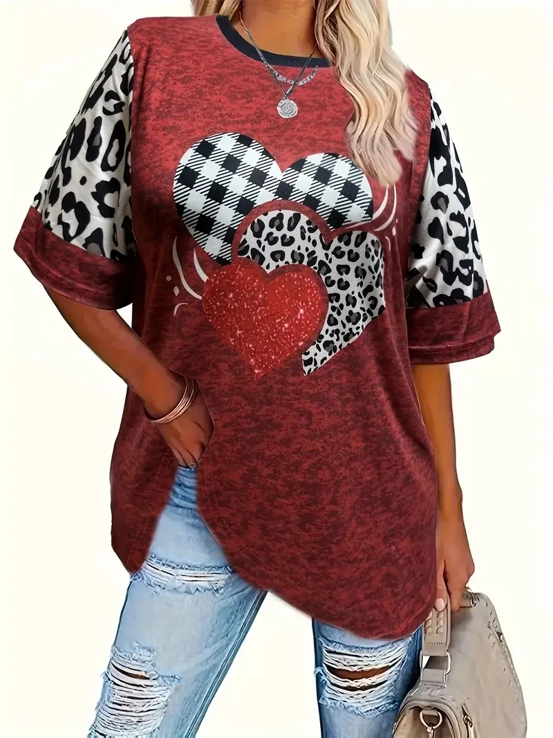 2024 Plus Size Plaid Heart Print T-Shirt Casual Short Sleeve Top For Spring & Summer Women\'s Plus Size Clothing