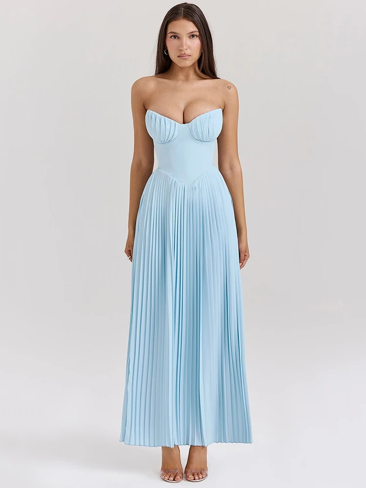 Mozision Off-shoulder Backless Pleated Maxi Dress For Women Fashion Strapless Sleeveless High Waist Bodycon Sexy Long Dress