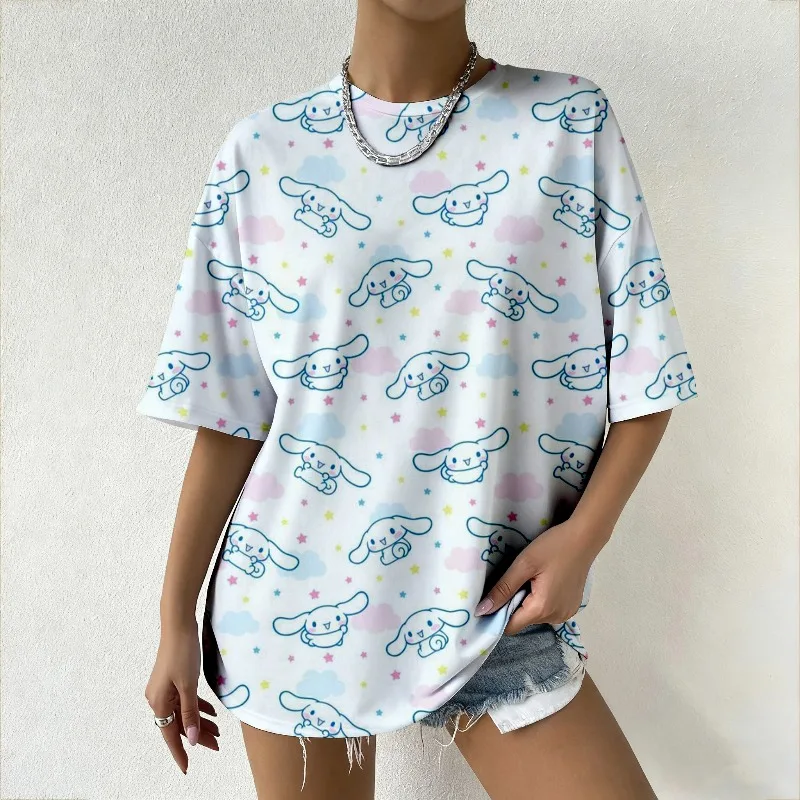 

Fashion Female Oversized T-shirt Sanrio Cinnamoroll Cloud Star Graphic Print Short Sleeve Crew Neck Casual Summer Clothing Y2k