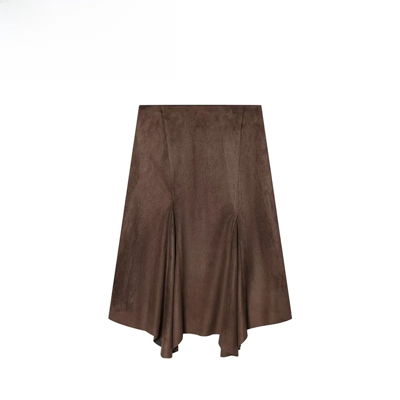 

Faionable Velvet Effect Midi Skirt for Women Autumn New Sle Asymmetric Design Stand Fit Casual Polyester Fabric Skirt