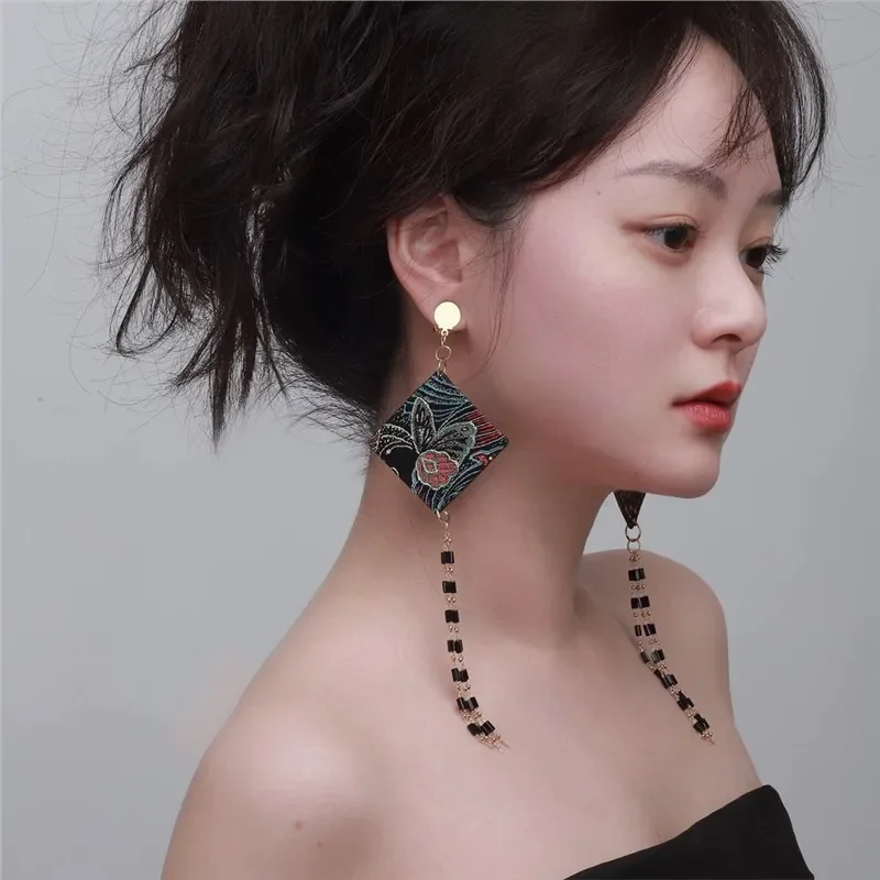 For Gold and silver silk brocade beaded chain fringed retro Hanfu dark new Chinese square earrings