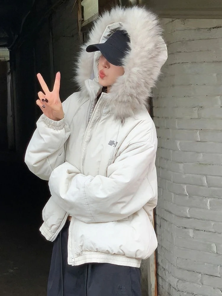 

American Retro Style Long Sleeve Short Hooded Parkas Women Pure Color Vintage Coat Zipper Faux Fur Collar Jacket 2025 Autumn