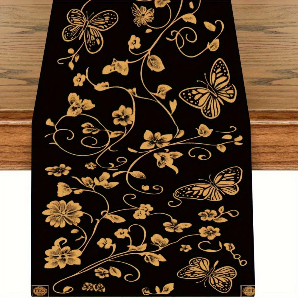 1pc Black Golden Floral Butterfly Table Runner - Elegant Home Decor with Intricate Golden Pattern on Dark Background, Versatile