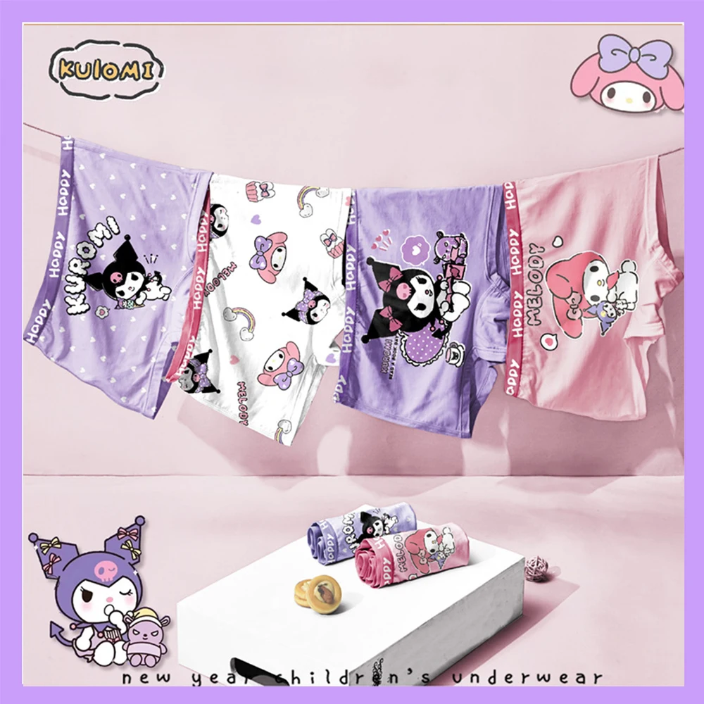 4Pcs Girls Panties Anime Sanrios Hello Kitty Kuromi Cinnamoroll Cotton Underwear Soft Triangle Flat Corner Briefs Cute Kids Gift