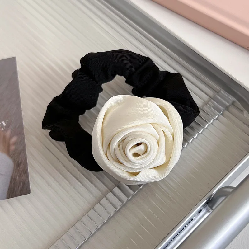 Fashion Handmade Satin Rose Flower Hair Ring Womans Elegant Headband High Elastic Rubber Band Tie Ponytail Hair Rope Headdress