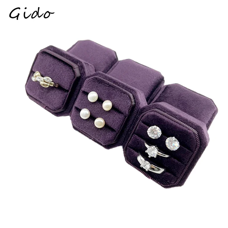 Porte-matiques double en velours, boîte octogonale pour cérémonie de mariage, boîte à trois anneaux avec poignées, couvercle amovible