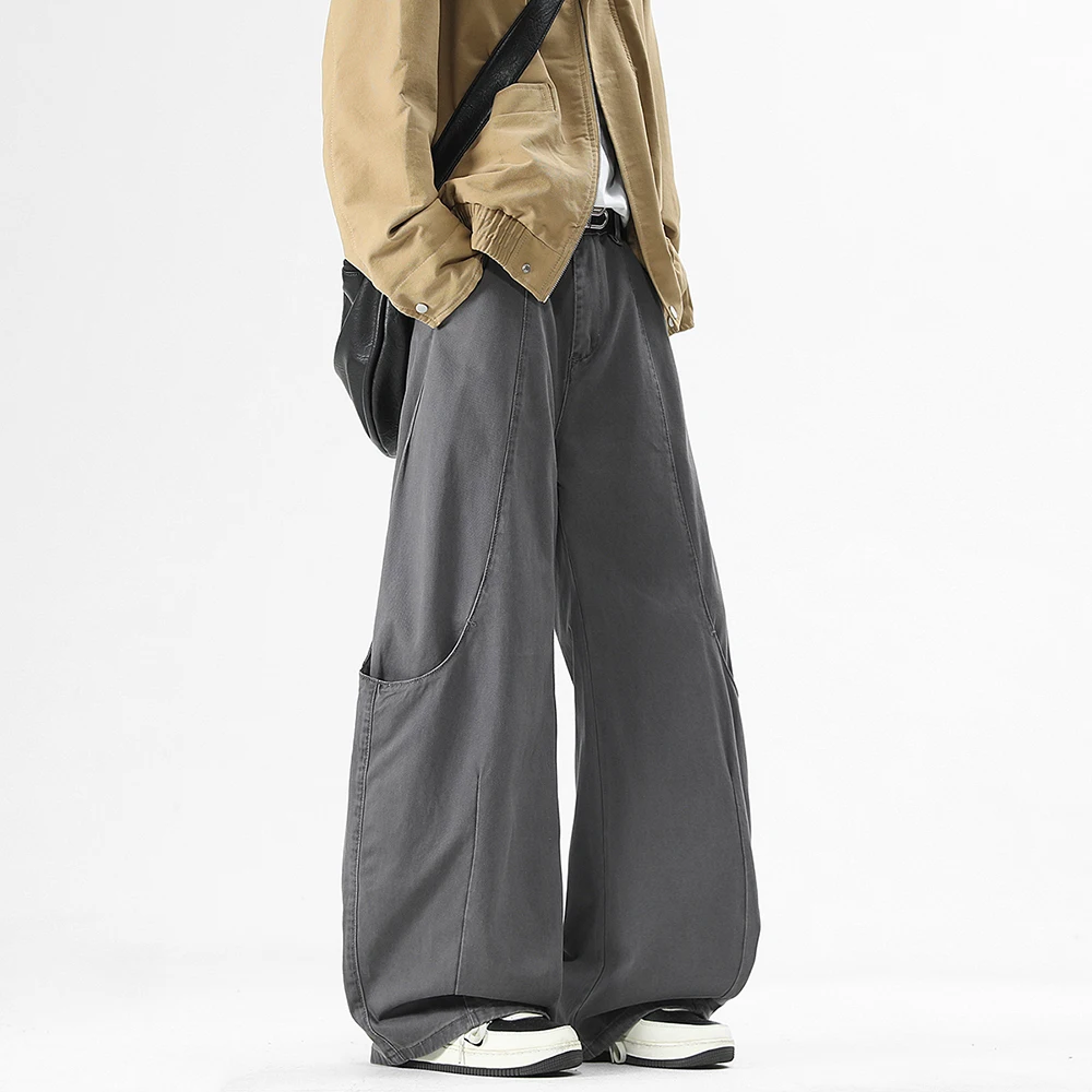 Retro Men's Scimitar Color Workwear Denim Pants Streetwear Loose Cleanfi Wide-Leg Draped Washed Curved Knife Jeans Trousers