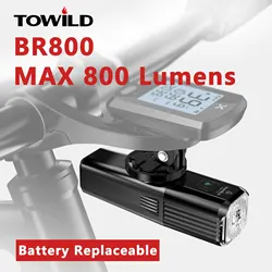 Towild br800バイクライトタイプ18650 2000mahバッテリー交換可能LED mtbフロントランプヘッドライトアルミ懐中電灯バイクアクセサリー