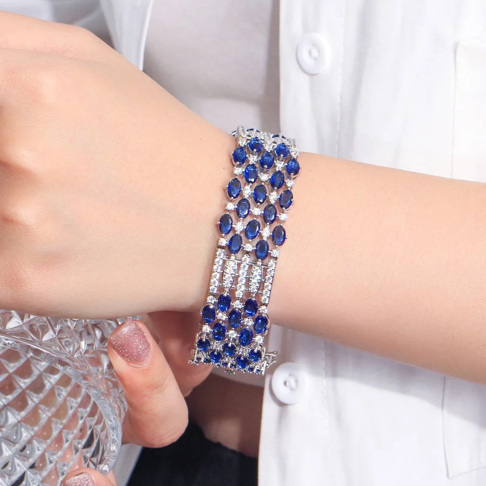 CWWZircons Glamorous Chunky Oval Round Royal Blue Cubic Zirconia Crystal Big Luxury Bracelets for Women Wedding Event CB327