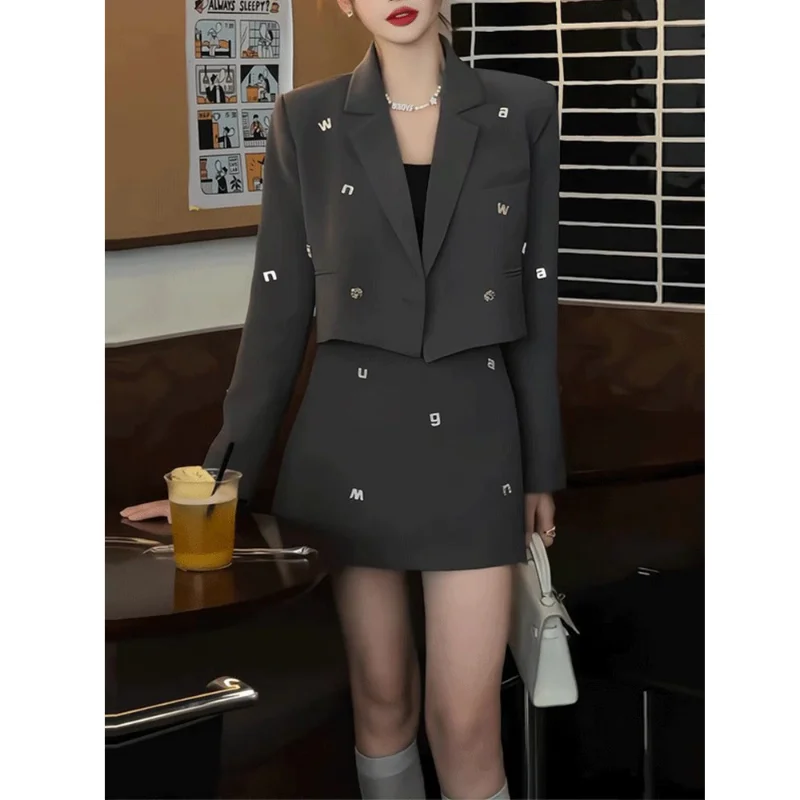 

Fashion Letters Decorated Leisure Suit Women Long Sleeve Coat+ Short Skirt Elastic Waist Chic French Grey Black Basic Lady Suit