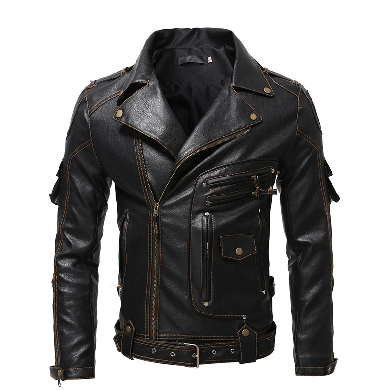 

Men's Retro Motorcycle Leather Jacket with Multiple Zippers and Pockets Handsome Jacket Oversized Performance Fake Leather