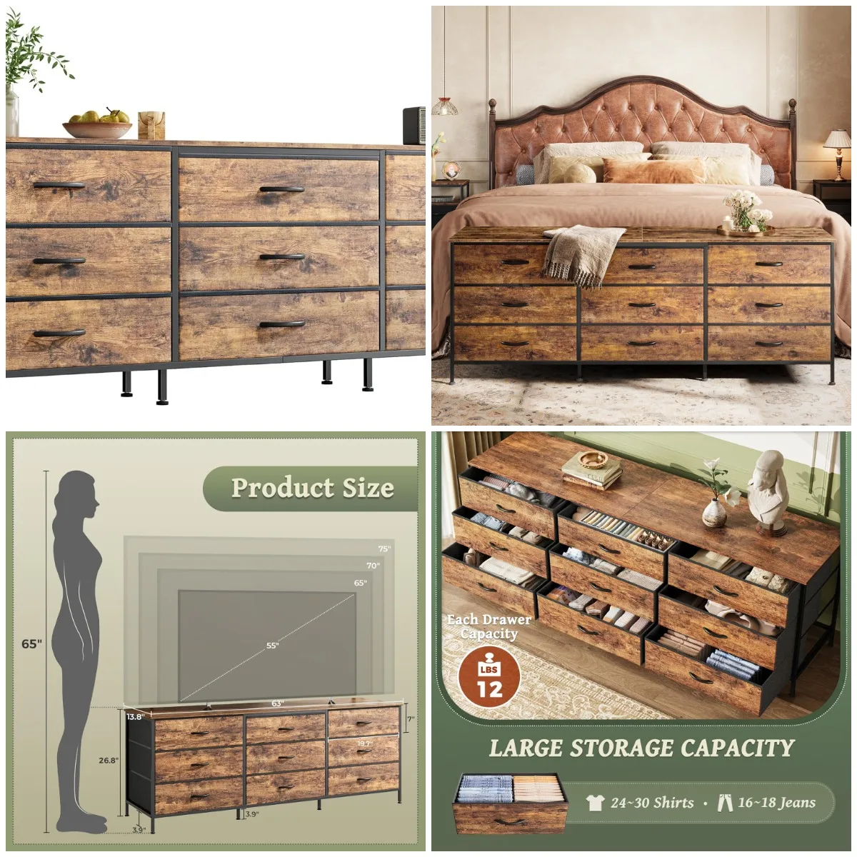 

63 Inch Dresser with 9 Drawers, TV Stand for 55-70 Inch TVs, Rustic Brown Storage Chest