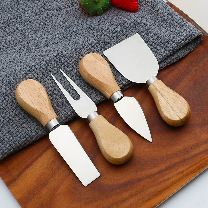 4Pcs Cheese Knives Set Stainless Steel Cheese Knives Oak Bamboo Handle Cheese Slicer Cutter Butter Knife Spatula Mini Knife Tool