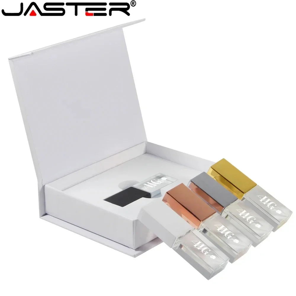 JASTER Rose Gold Crystal Pen Drive2.0 128GB 64GB Gold Crystal 32GB 16GB USB Stick Free Custom Logo White Paper Box Wedding Gifts