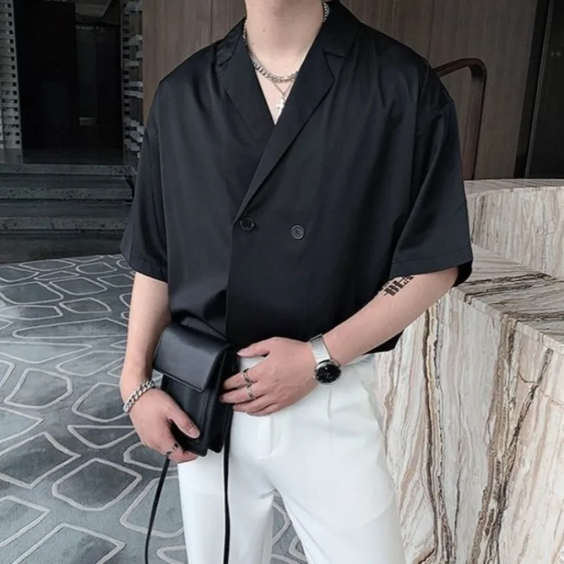 

Men's Blazer Collar Short Sleeve Shirt Set Lightweight Korean Style Trendy Solid Color Premium Drapey Summer Shirt