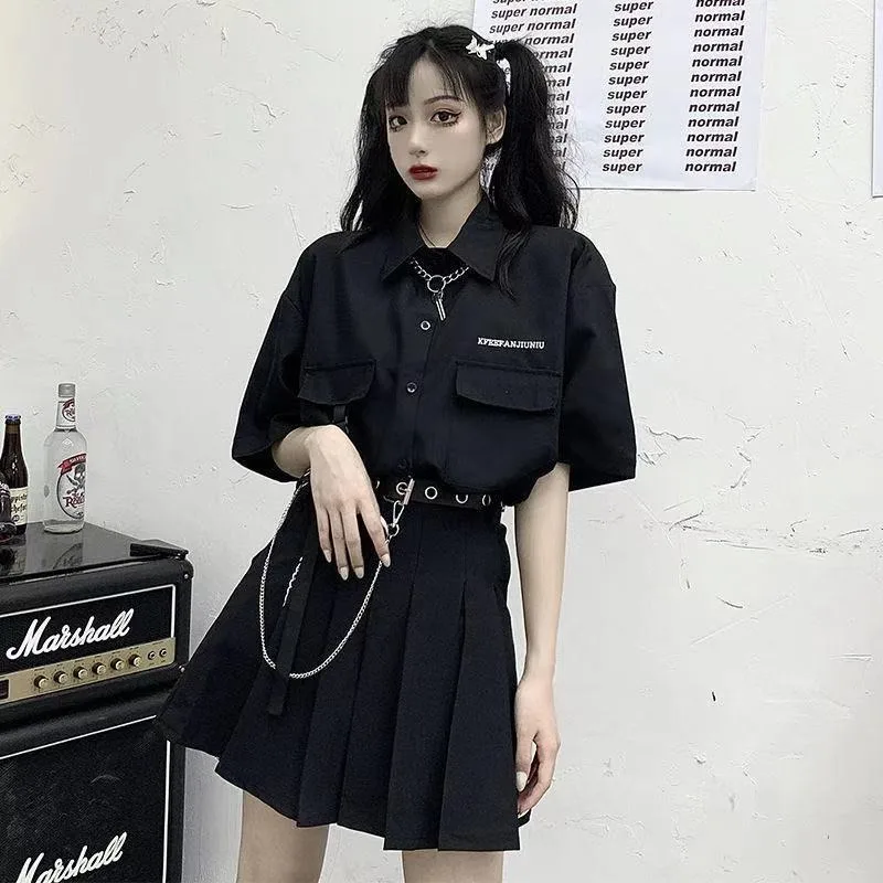 Shirts Women Vintage Letter Embroidery Button-up Female Half Sleeve Baggy Tops Summer Pockets Lace-up All-match Retro Solid