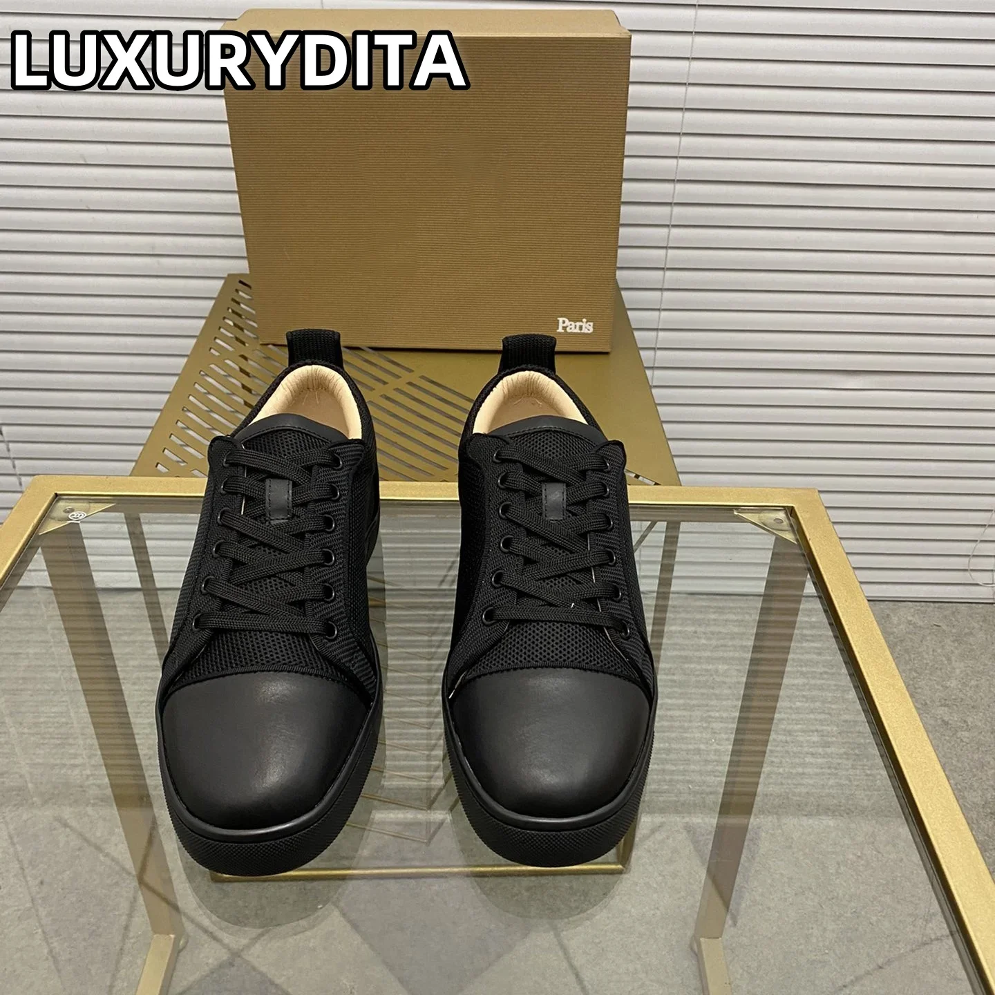 

Top Quality Womens Trendy Casual Tennis Shoes Luxury Mens Real Leather Sneakers 35-48 Designr Rivet Red Sole Lovers Shoes M0182