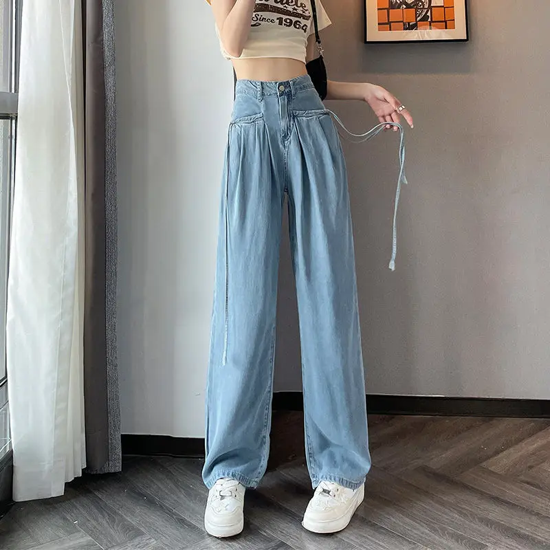 

Ans Lace Up Tencel Ice Silk High Waist Vertical Feeling New Wide Leg Straight Women Baggy Full Length Denim Pants 2024