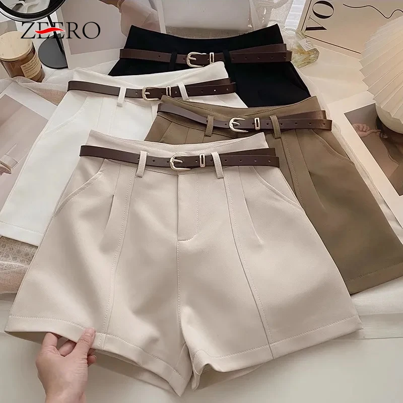 

Korean Women Summer White Wide A-line Leg Shorts Women Casual Black Retro Belted Shorts Ladies High Waisted Khaki Short Pants