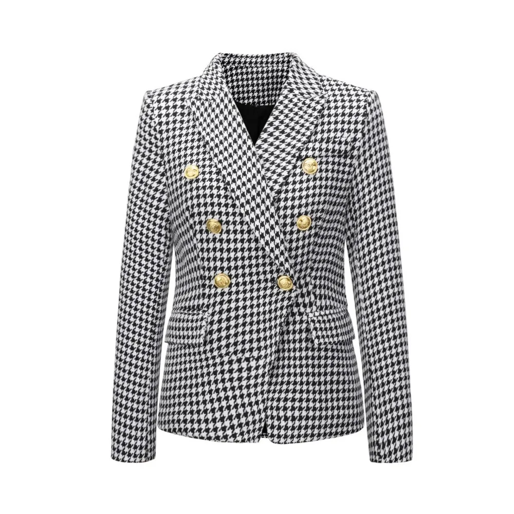 Blazer scozzese invernale donna 2024 giacca Blazer bianca sottile giacca e cappotto inglese con bottoni a leone in metallo doppiopetto femminile