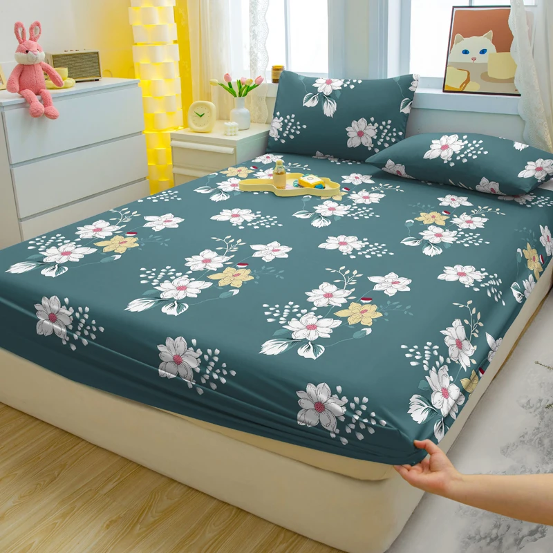 1 Simple Modern Plant Flower Printed Matte Fitted Sheet, Bedroom Printed Bed Cover, Bedding (Excluding Pillowcases)