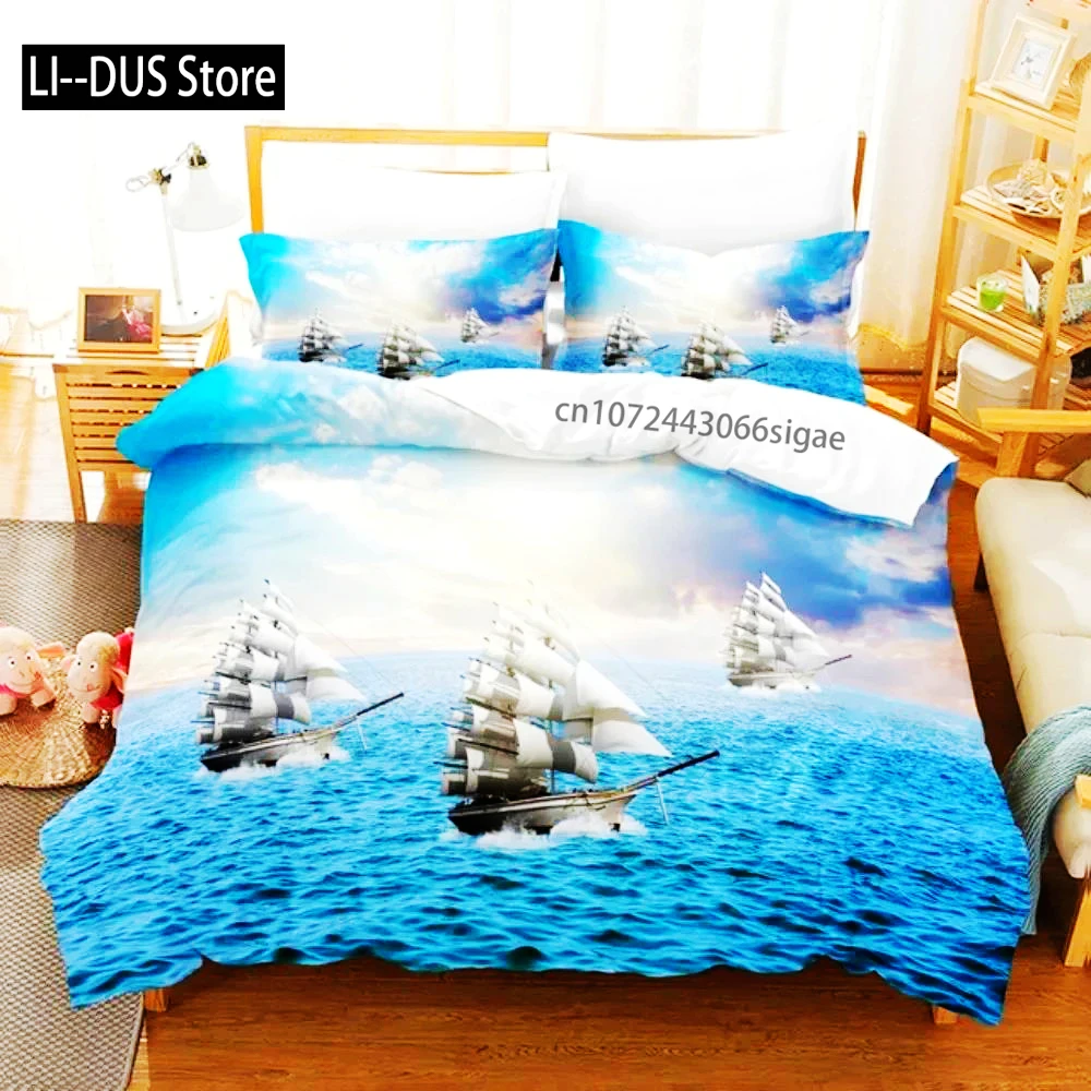 

SailBoat Sea Bedding Set Ocean Sunset Scenery Duvet Cover Pillowcases Twin Full Queen King Size For Boys Adult Gift Bed Linen