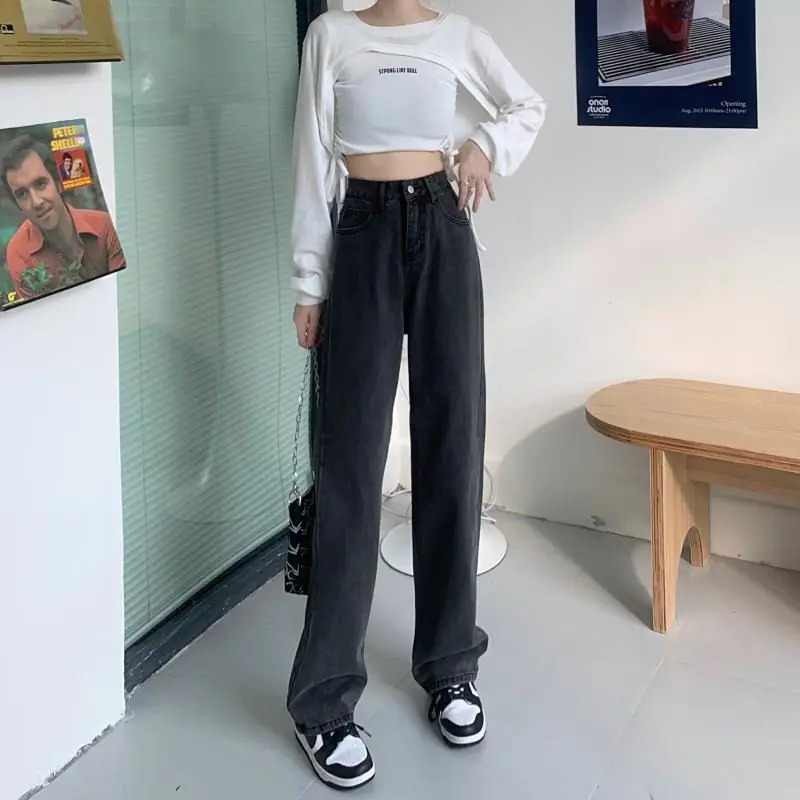 

Облегающие широкие джинсы с высокой талией, женские джинсовые брюки в американском стиле ретро, весенне-осенние прямые свободные брюки-груши в стиле апей