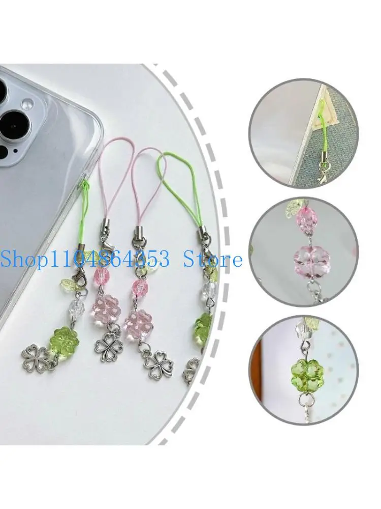 652F Lucky Clovers Bead Phone Strap Customizable Length Hangings for Smartphones