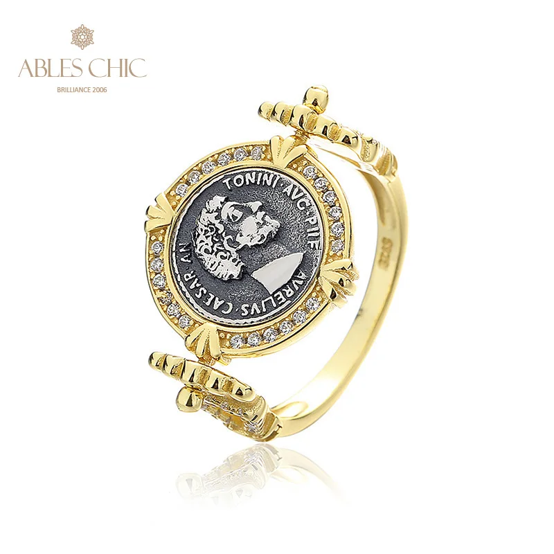 

Greek Deity Flipping Silver Coin CZ Halo 18K Gold Two Tone Solid 925 Silver Roman Coins Rotating Vintage Ring R1003