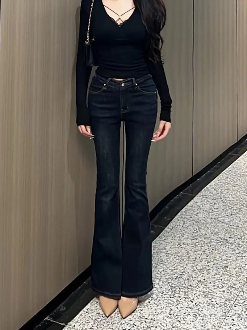 American High Street Sexy Spicy Girl Jeans svasati Pantaloni estivi da donna a vita alta elastici sottili con vita a V lunghi fino al pavimento