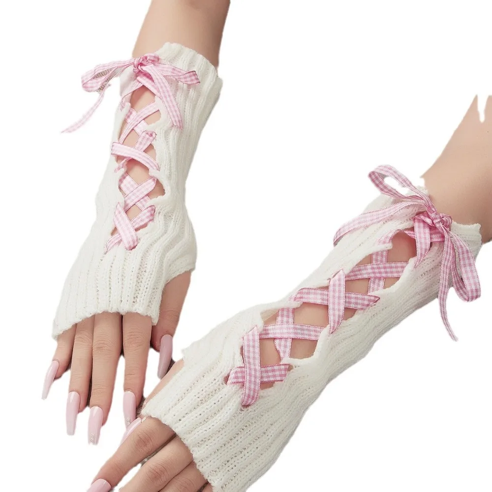 2024 Lolita Bowknot Gloves Gothic Lace Fingerless Mittens Strapping DIY Sunscreen Sleeve Cosplay