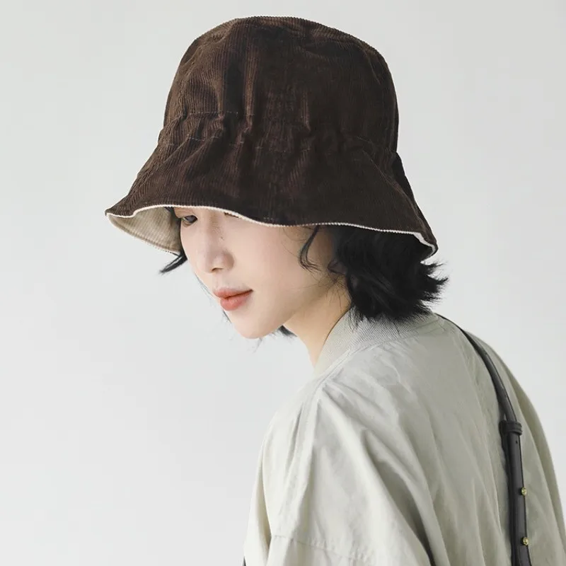 

Double sided simple corduroy solid color fisherman hat for women to show off their face,small retro artistic versatile basin hat
