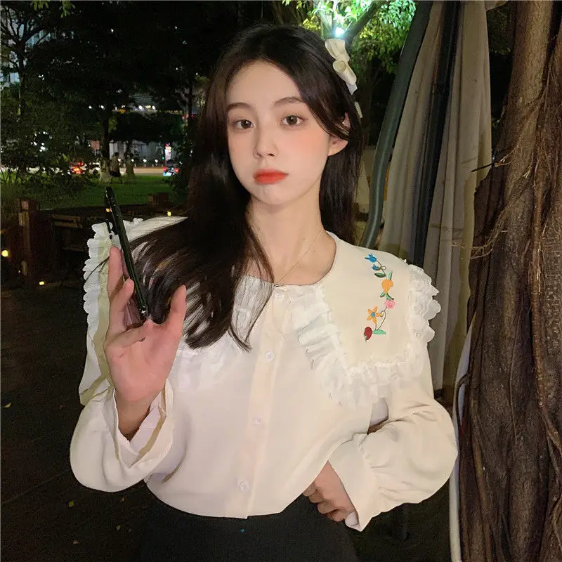 Spring New Embroidery Patchwork Top Shirt Long Sleeve Solid Peter Pan Collar Loose Blouse Fashion Youth Sweet Women Clothes