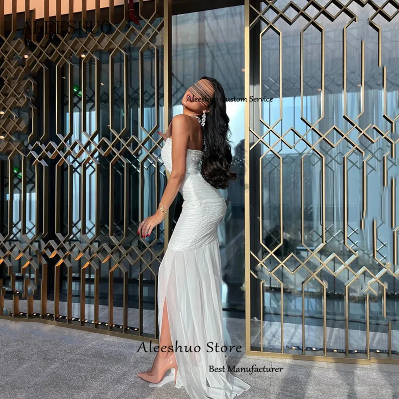 Aleeshuo Sexy Mermaid White Chiffion Prom Dress 2025 Simple Strapless Sleeveless Floor Length Pleat Beaded Vestidos Customized