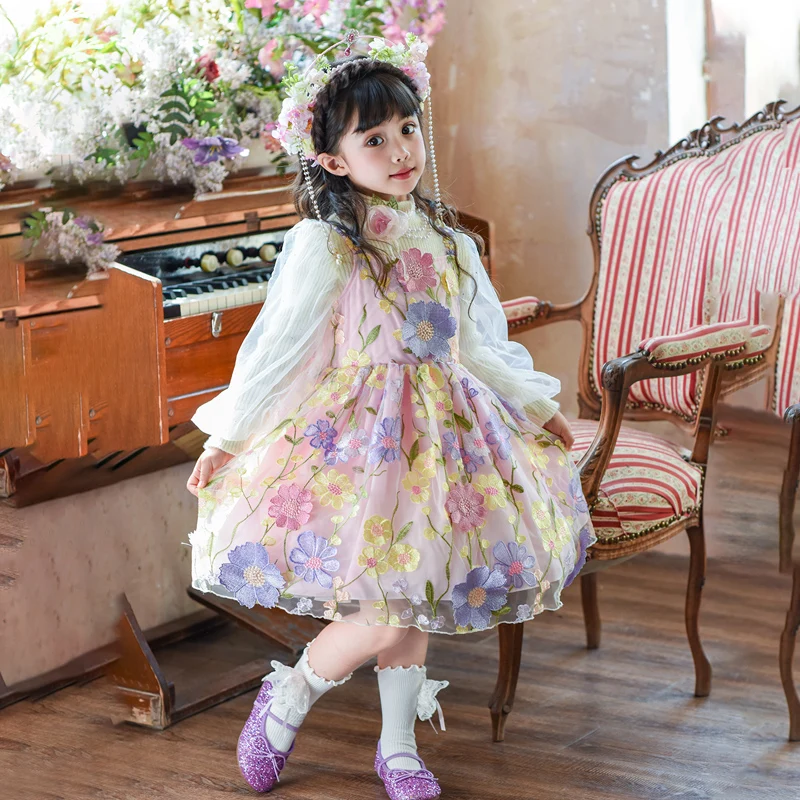 فستان أداء المسرح للفتيات الصغيرات فستان عيد ميلاد للأطفال تنورة حفلات الأميرة لوليتا مجموعة فساتين فتاة صغيرة مُزينة بنقشة الزهور