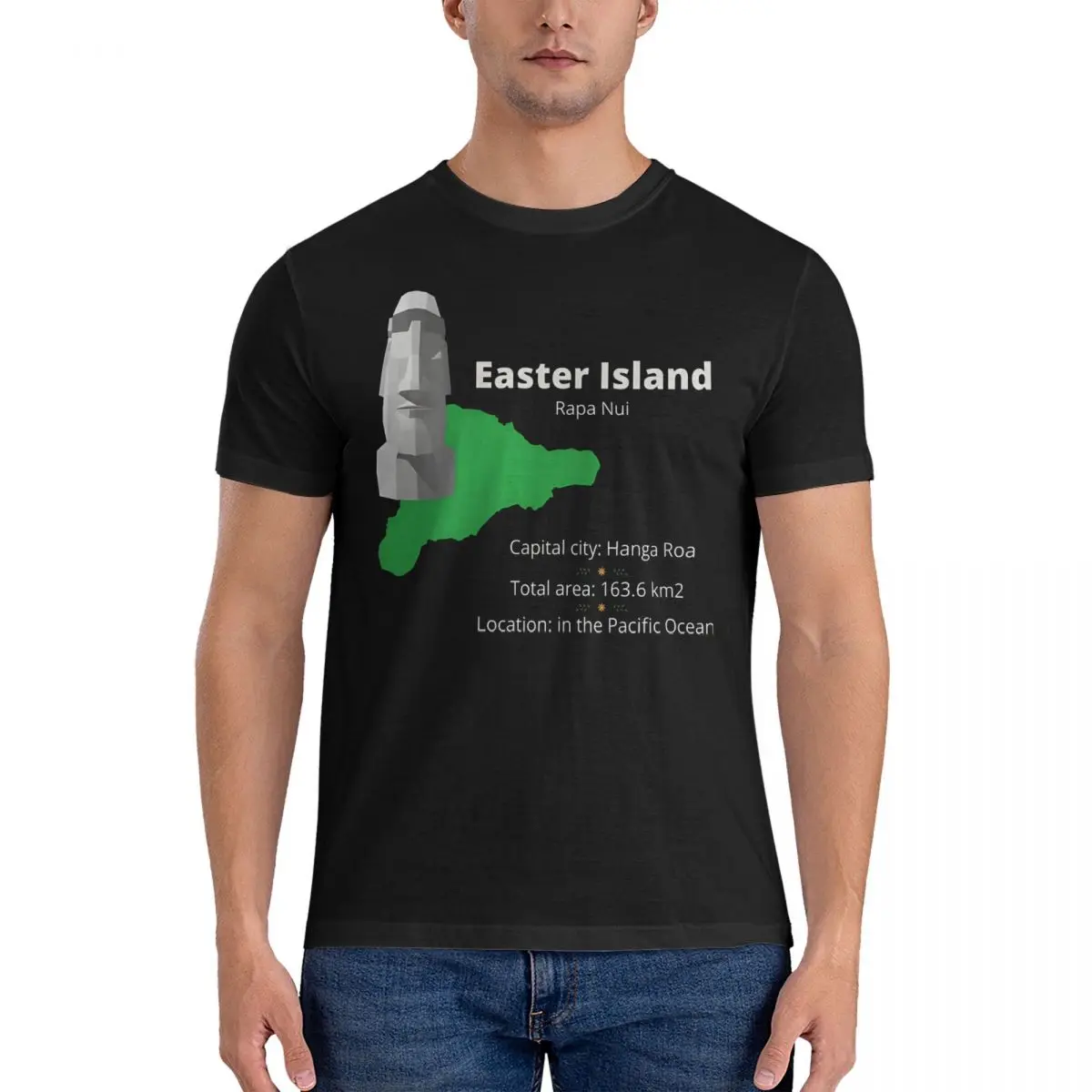 Easter Island Statue And Map T Shirt Men's Cotton Funny T-Shirts Round Collar Easter Stone Statue Tees Graphic Printed