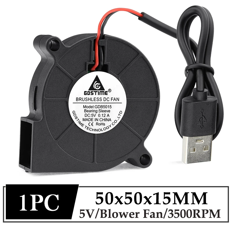 

1Pcs Gdstime DC 5V USB Fan 50x50x15mm 50mm Hydraulic Bearing 3D Printer Cooler Fan 5CM 50x15MM Turbo Radial Blower Cooling Fan