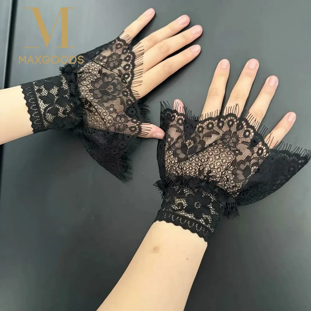 

1 Pair New Lace Ruffles Fake Cuffs Floral Pattern Pleated Flare Fake Sleeve Multi Layer White Black False Gloves Universal Size